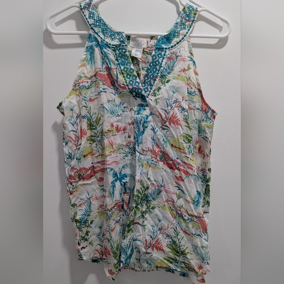 NWT Sigrid Olsen Blouse Beach Print V Neck Embroidery 100% Cotton Summer, Small - Picture 1 of 5